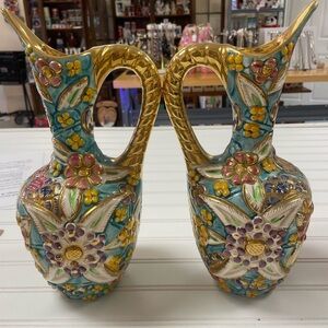 Pair of Vintage Belgium Art Pottery Gold Multi-Color Floral Pitcher / Ewer